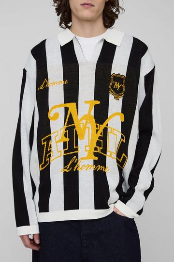 Tall Stripe Knitted Oversized Football Polo ecru