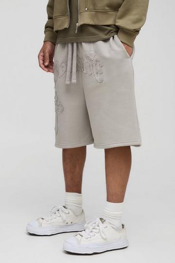 Stone Beige Oversized Worldwide Applique Drop Crotch Shorts