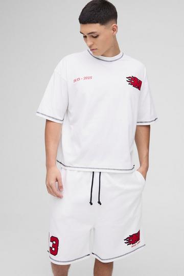 Oversized Boxy Applique Drop Crotch T-Shirt & Short Set white