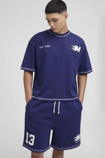 Oversized Boxy Applique Drop Crotch T-Shirt & Short Set navy