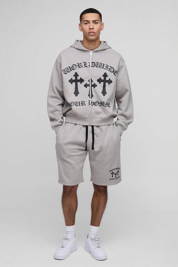 Stone Beige Oversized Worldwide Cross Zip Hooded Short Tracksuit