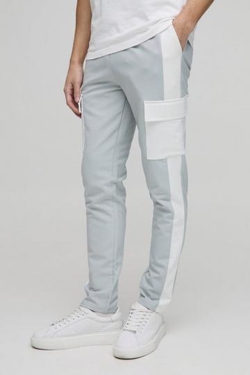 Elasticated Waist Skinny Fit Technical Stretch Colour Block Cargo Trousers light grey