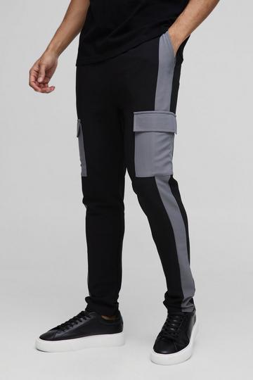 Black Elasticated Waist Skinny Fit Technical Stretch Colour Block Cargo Trousers