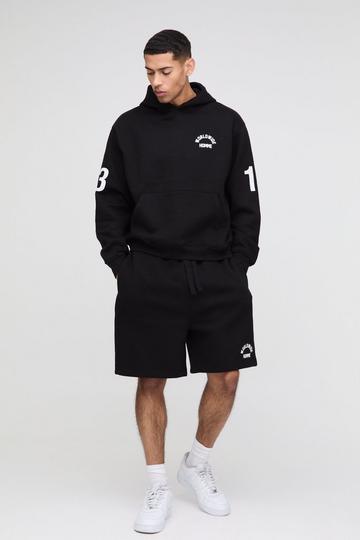 Black Oversized Boxy Worldwide Drop Crotch Hooded Short Tracksuit