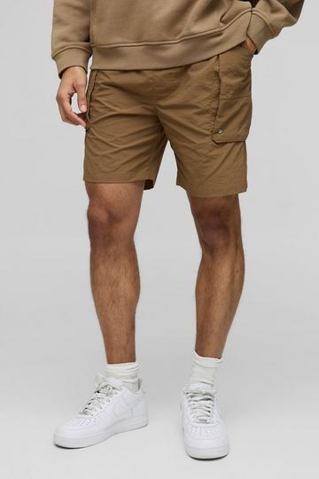 Khaki Elasticated Waist Relaxed Crinkle Nylon Cargo Shorts