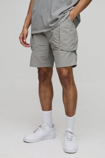 Elasticated Waist Relaxed Crinkle Nylon Cargo Shorts grey