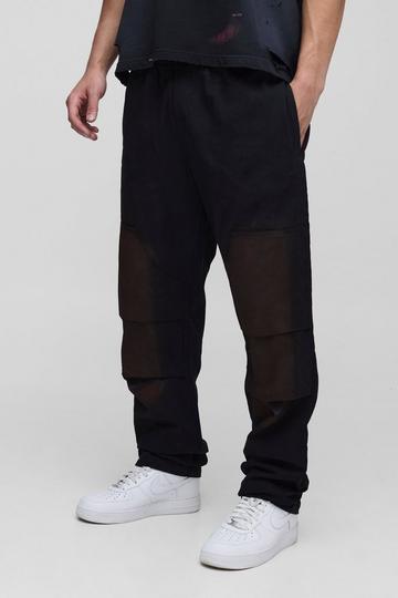 Elasticated Waist Straight Stacked Spray Wash Twill Carpenter Trousers black