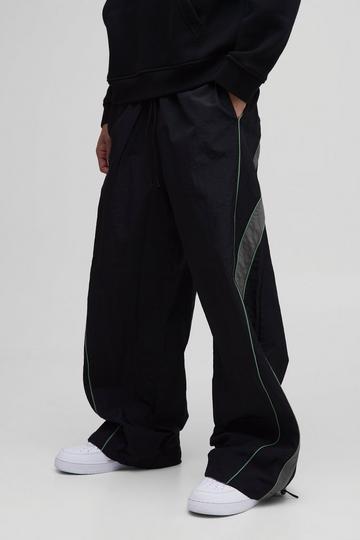 Elasticated Waist Piping Detail Parachute Pants black