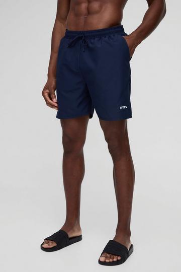 Navy Mid Length Branded Swim Shorts