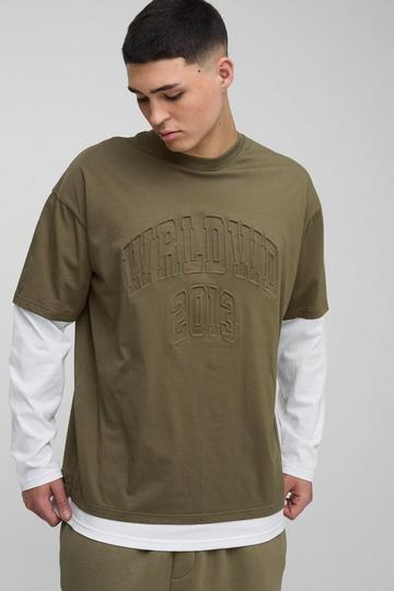 Khaki Oversized Faux Layer Varsity Embossed T-Shirt