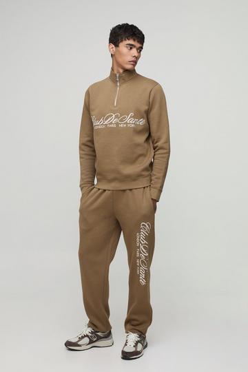Regular Fit Embroidered 1/4 Zip Tracksuit brown