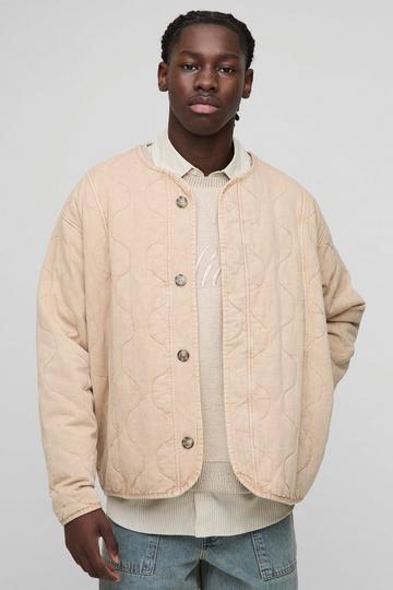 Oversized Washed Twill Quilted Collarless Bomber Jacket stone
