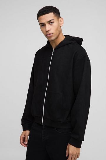 Black Oversized Boxy Zip Through Faux Suede Hoodie