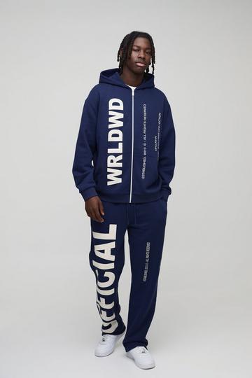 Oversized Worldwide Official Text Print Zip Through Tracksuit navy