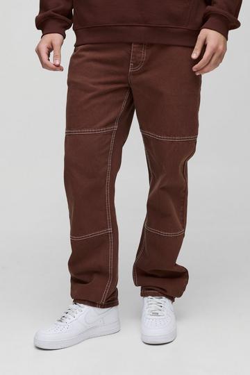 Tan Brown Straight Leg Contrast Stitch Denim Jeans