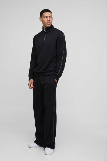 Regular Fit Funnel Neck Tricot Tracksuit black