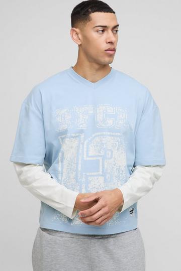 Oversized Boxy Woven Tab Faux Layer Sleeve Graphic V Neck T-Shirt blue