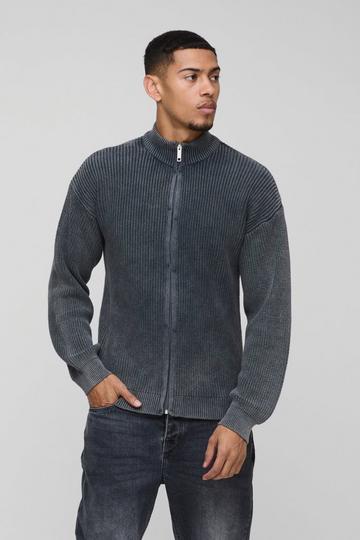 Relaxed Funnel Neck Zip Up Acid Wash Knitted Jumper black