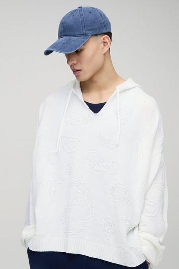 Oversized Gebreide Paisley Hoodie Met V-Hals white