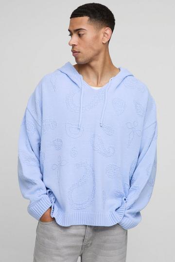 Oversized Gebreide Paisley Hoodie Met V-Hals light blue