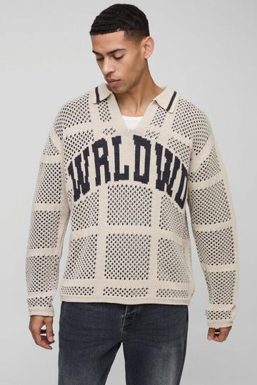 Oversized Crochet Look Rugby Knitted Polo ecru