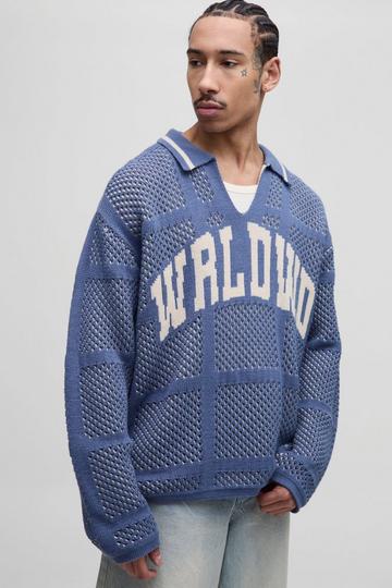 Oversized Crochet Look Rugby Knitted Polo blue