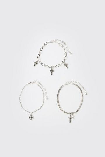 Cross Charm Bracelet 3 Pack silver