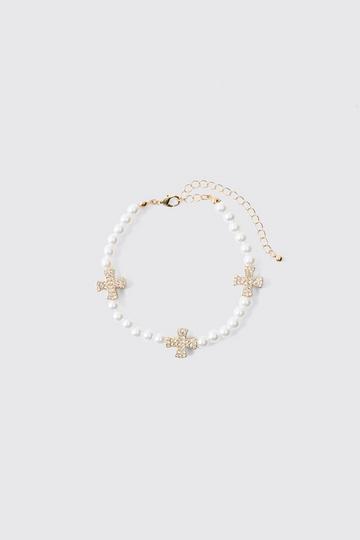 Parel Armband Met Vergulde Kruis Bedels white