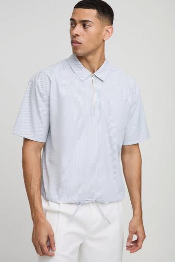 Oversized Pocket Detail Bungee Hem Stripe Shirt light blue