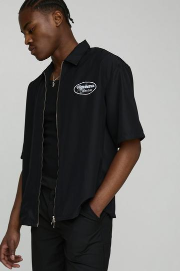 Oversized Zacht Keperstof Homme Overhemd Met Rits En Print black