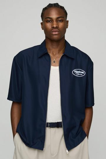 Oversized Zacht Keperstof Homme Overhemd Met Rits En Print navy