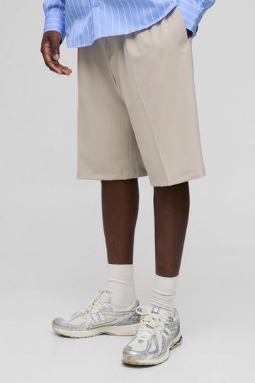 Stone Beige Pleated Fixed Waistband Tailored Long Short