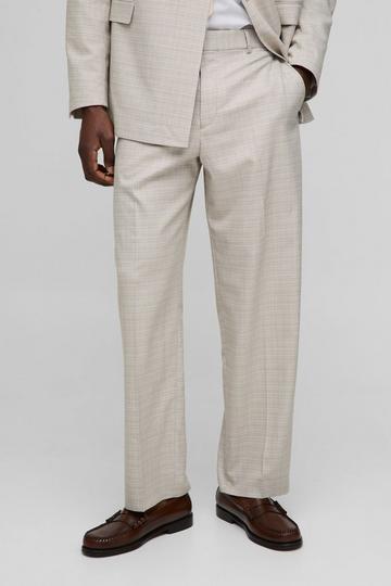 Stone Beige Wide Leg Fixed Waistband Check Suit Trouser