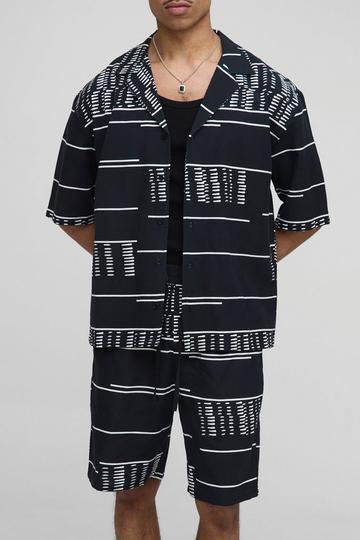 Oversized Drop Revere Printed Linen Blend Shirt & Short Set black