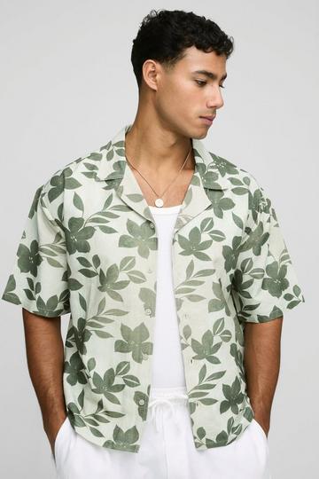 Oversized Floral Print Linen Blend Shirt natural