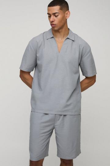 Oversized Overhead V-Neck Linen Blend Shirt & Short Set grey