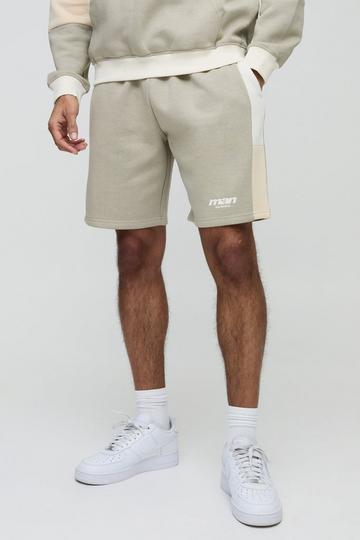 Stone Beige Relaxed Fit Man Colour Block Mid Length Shorts