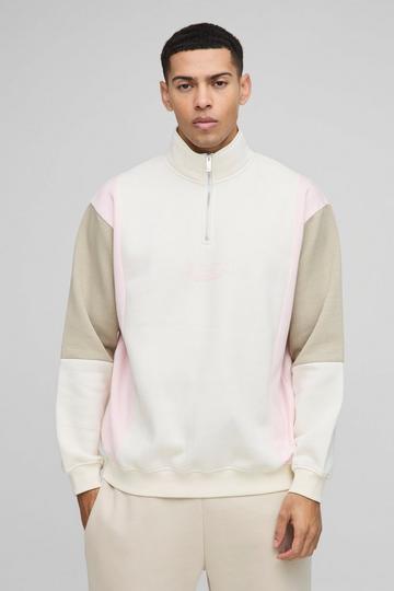 Ecru White Oversized Man Colour Block Zip Funnel Neck Sweatshirt