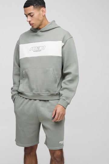Oversized Boxy Man Colour Block Short Hooded Tracksuit sage