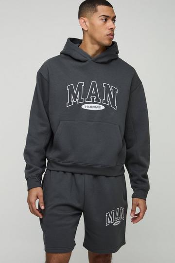 Charcoal Grey Oversized Boxy Man Hooded Short Tracksuit