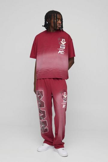 Oversized Man Washed T-Shirt & Jogger Long Set red