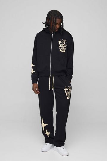 Oversized Boxy Graphic Hooded Zip Tracksuit black