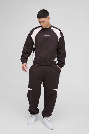 Oversized Geborduurd Boxy Color Block Homme Trainingspak Met Trui chocolate