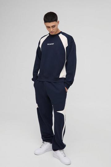 Oversized Geborduurd Boxy Color Block Homme Trainingspak Met Trui navy