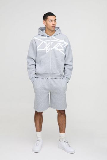 Oversized Boxy Star Printed Zip Through Short Tracksuit grey marl