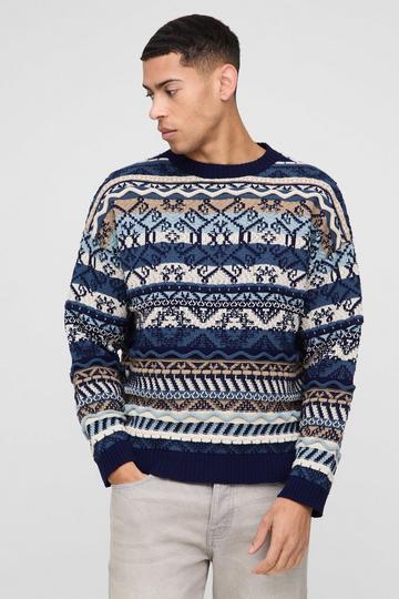 Oversized Vintage Textured Knitted Jumper blue