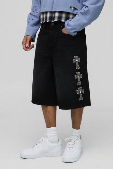 Geborduurde Zwarte Gebleekte Regular Fit Joggingbroek washed black