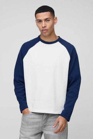 Navy Oversized Boxy Heavyweight Waffle Raglan Long Sleeve T-shirt