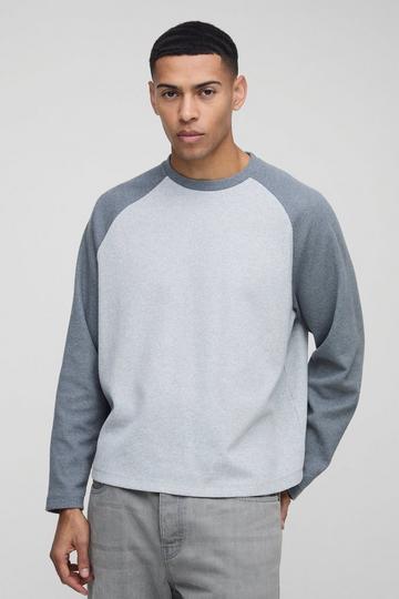 Oversized Boxy Heavyweight Waffle Raglan Long Sleeve T-shirt grey