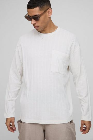 Oversized Zacht Geribbeld T-Shirt Met Zak Detail En Lange Mouwen ecru